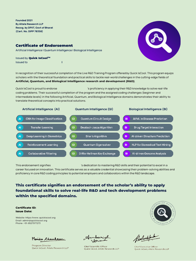 Certificate of Endorsement - Smart Training Program - Quick IsCool | PDF