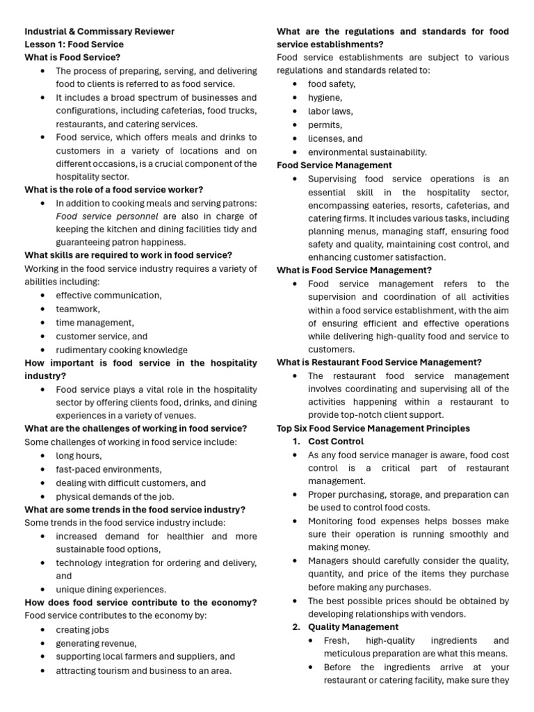 Food Service Management Overview Guide | PDF | Menu | Lunch