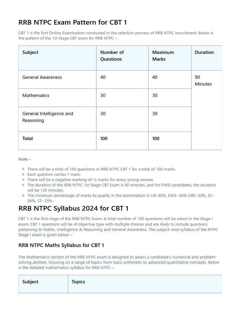 RRB NTPC CBT 1 Exam Pattern & Syllabus | PDF | Mathematics | Reason