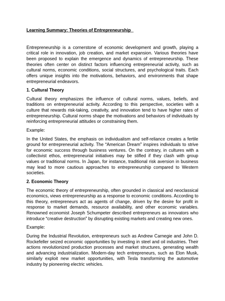 Theories of Entrepreneurship Explained | PDF | Entrepreneurship ...