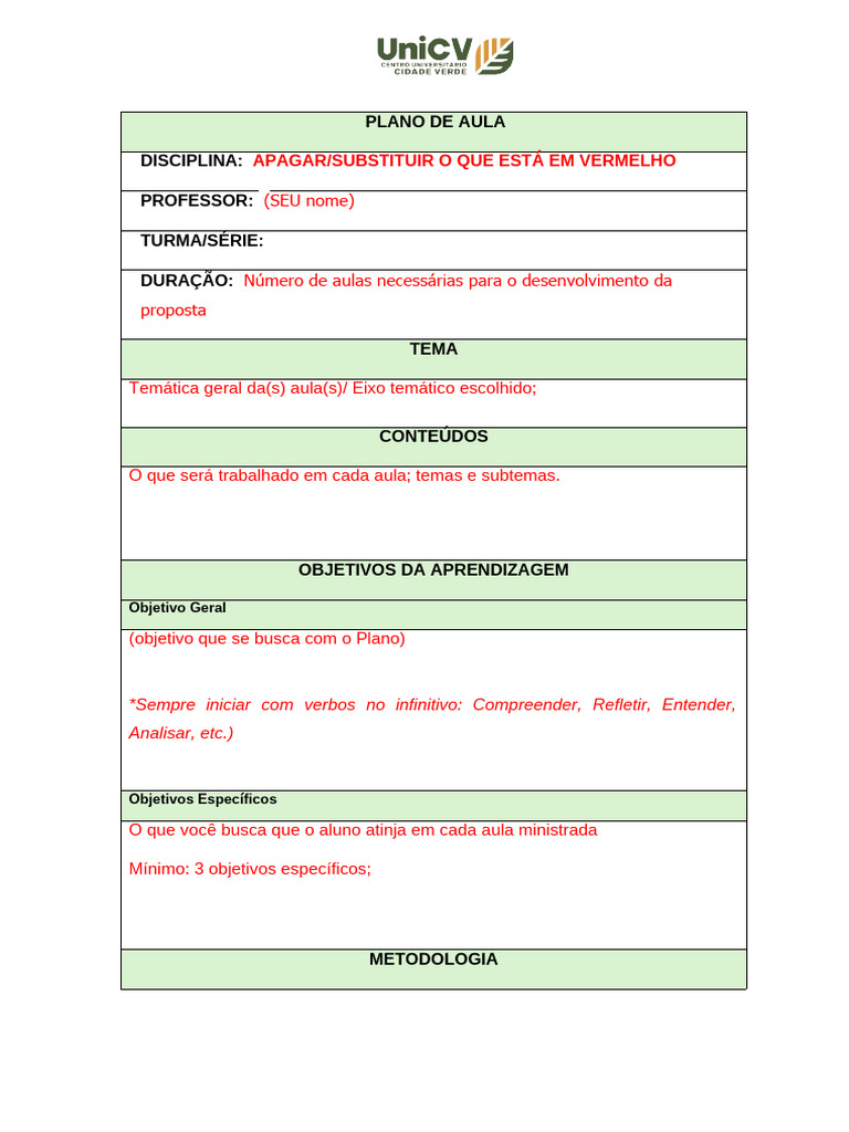 Plano de Aula: Estrutura e Metodologia | PDF | Carreira e Crescimento ...