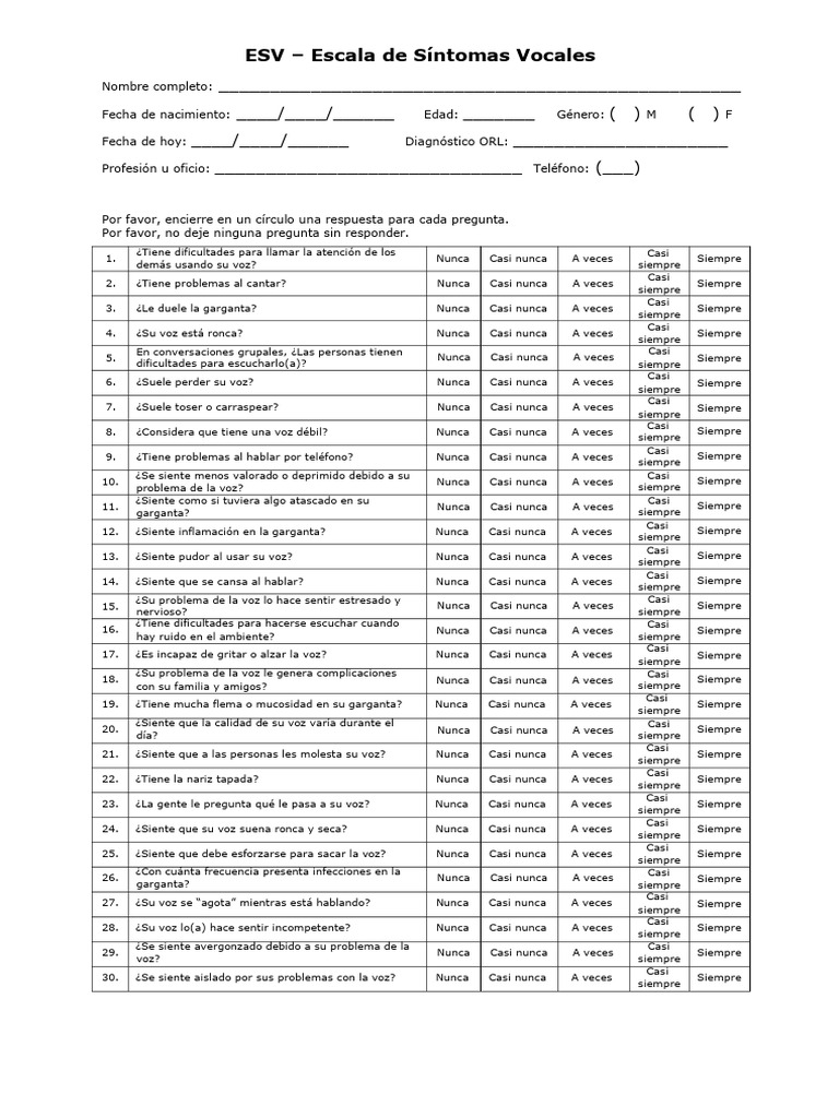 Evaluación de Síntomas Vocales ESV | PDF | Enfermedades y trastornos ...