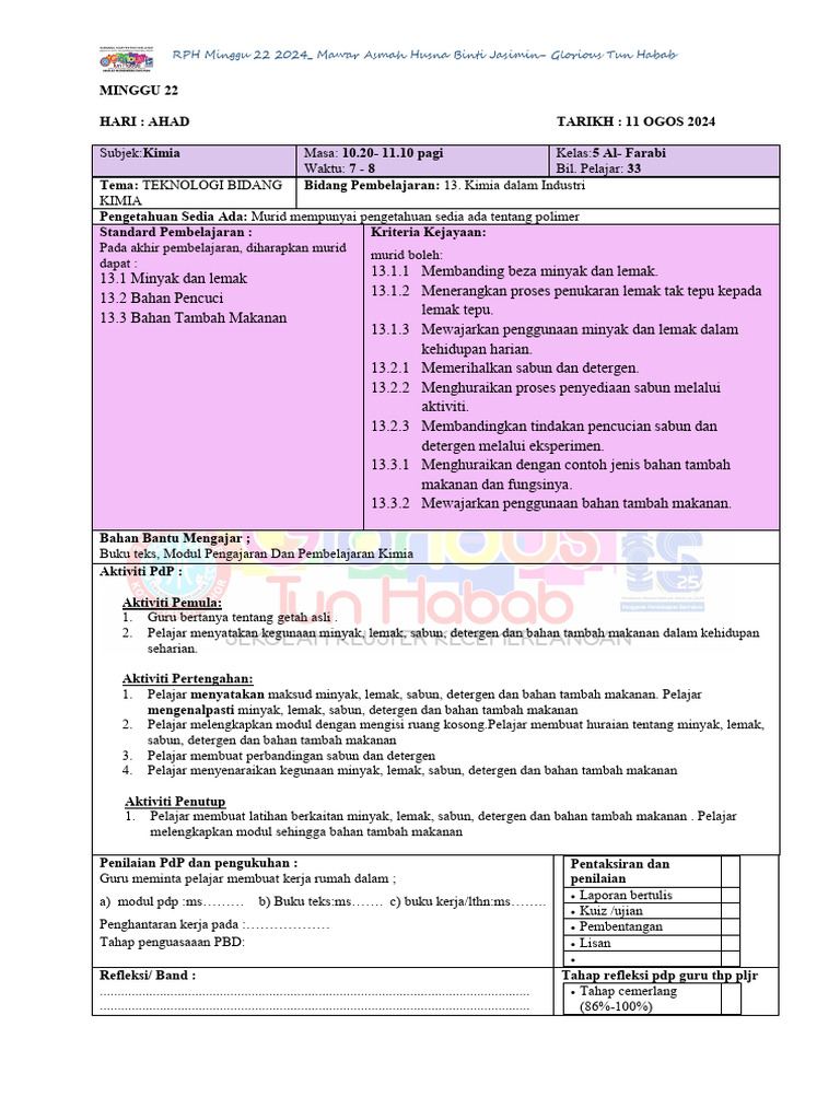 RPH Kimia dan Sains Minggu 22 2024 | PDF