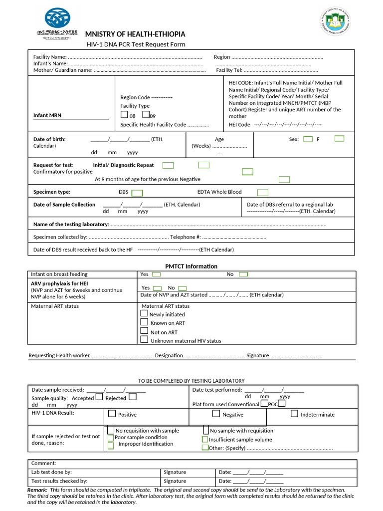 HIV-1 DNA PCR Test Request Form | PDF | Hiv/Aids | Health Sciences