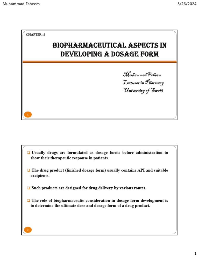 Biopharmaceutical Aspects of Dosage Form | PDF | Pharmaceutical ...