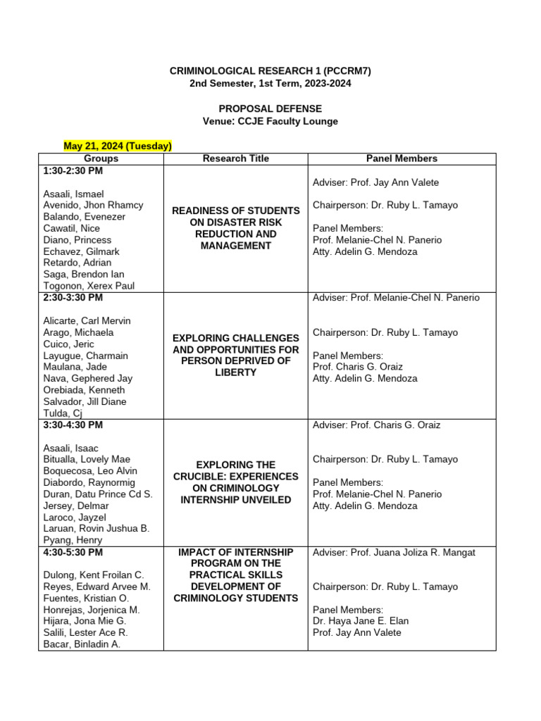 Criminology Proposal Defense Schedule | PDF | Science & Mathematics