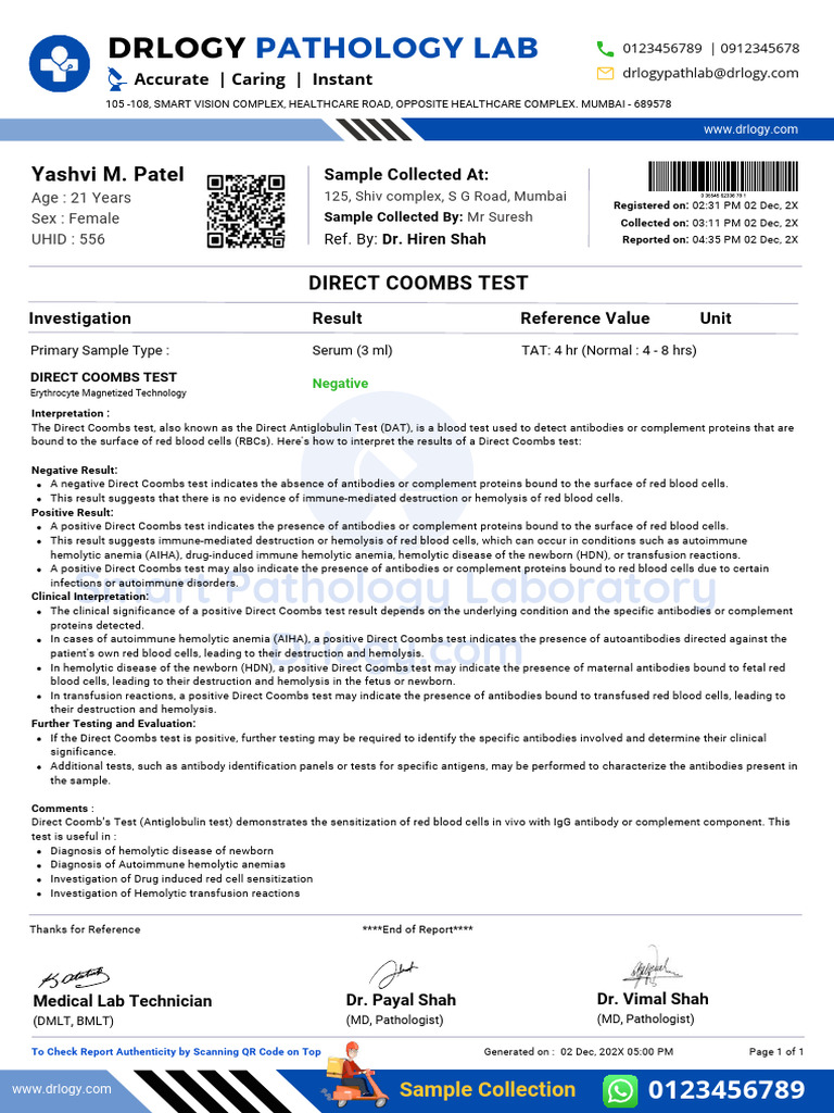 Direct Coombs Negative Test Report | PDF | Diseases And Disorders | Serology