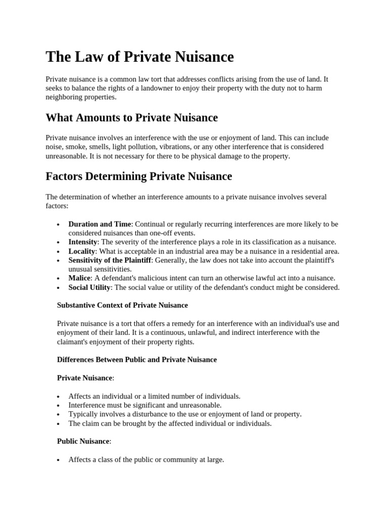 The Law Of Private Nuisance Pdf Nuisance Civil Law Legal System