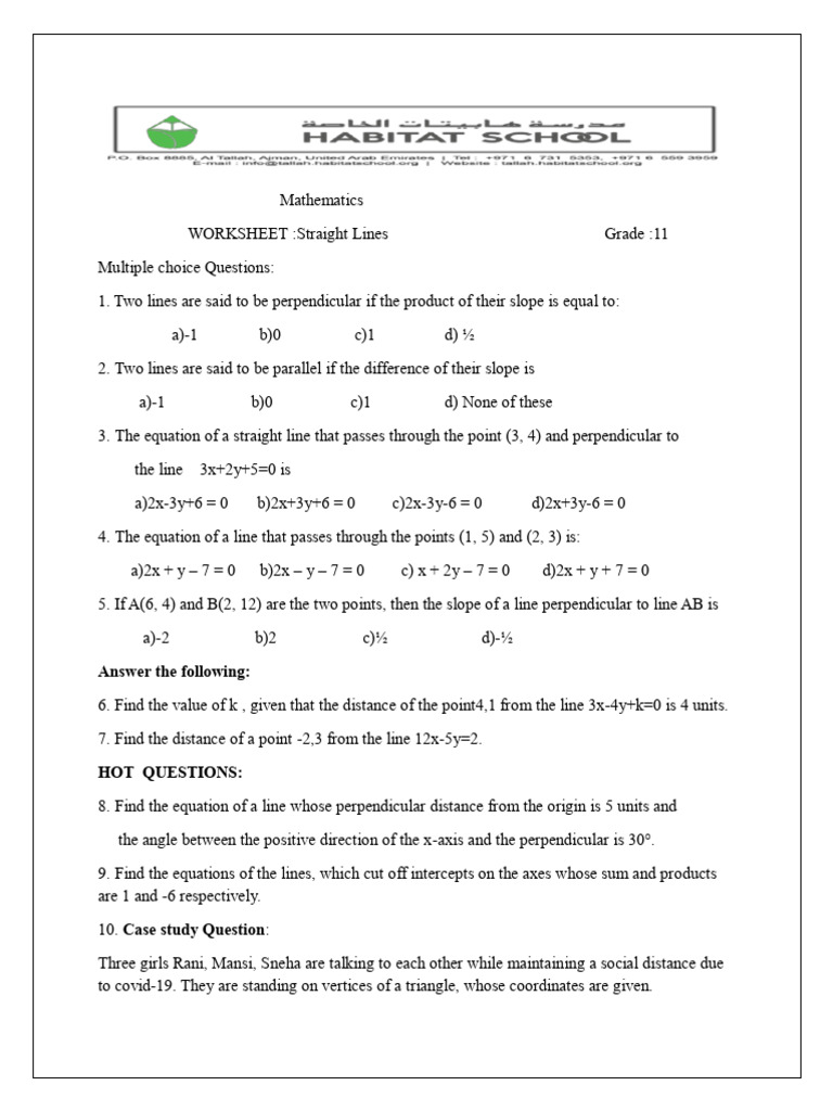 Grade 11 Straight Lines Worksheet | PDF