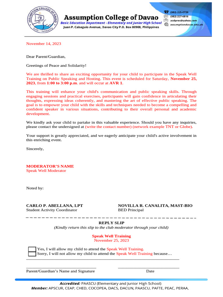 Letter To Parents Format | PDF