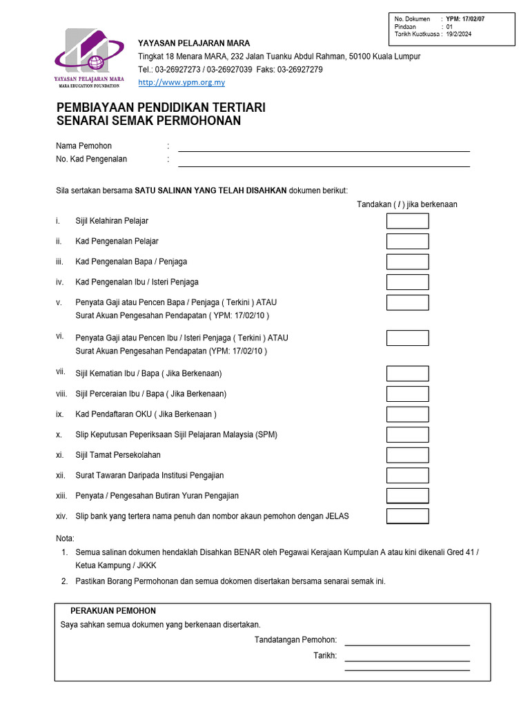 Ypm.07.02.07 - Senarai Semak Permohonan - Ypm170207 - 19022024 | PDF