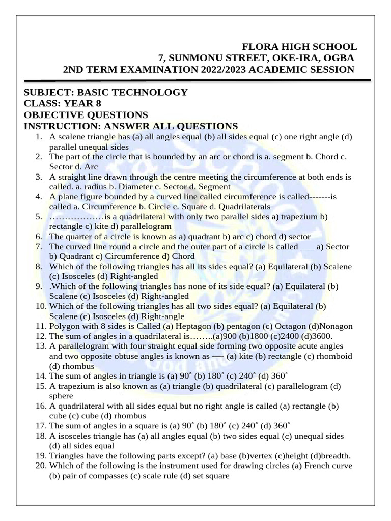 Basic Technology Exam for Year 8 | PDF | Rectangle | Triangle