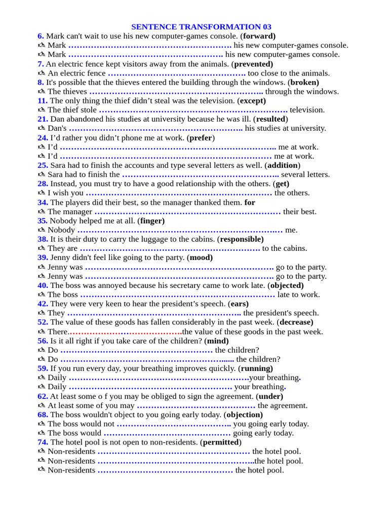 Sentence Transformation Exercises | PDF | Home & Garden
