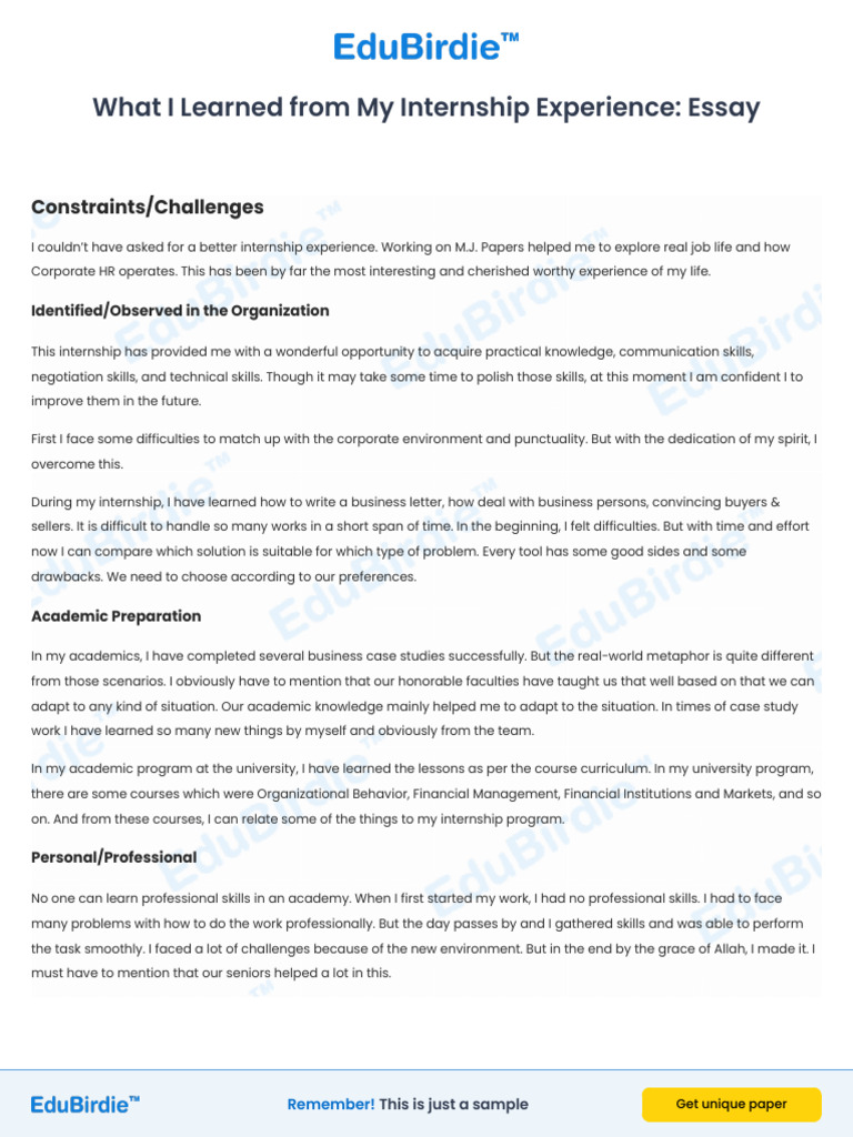 What I Learned From My Internship Experience Essay | PDF | Internship ...