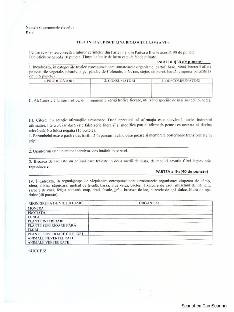 Test Initial Biologie Clasa VI 2024-2024 | PDF