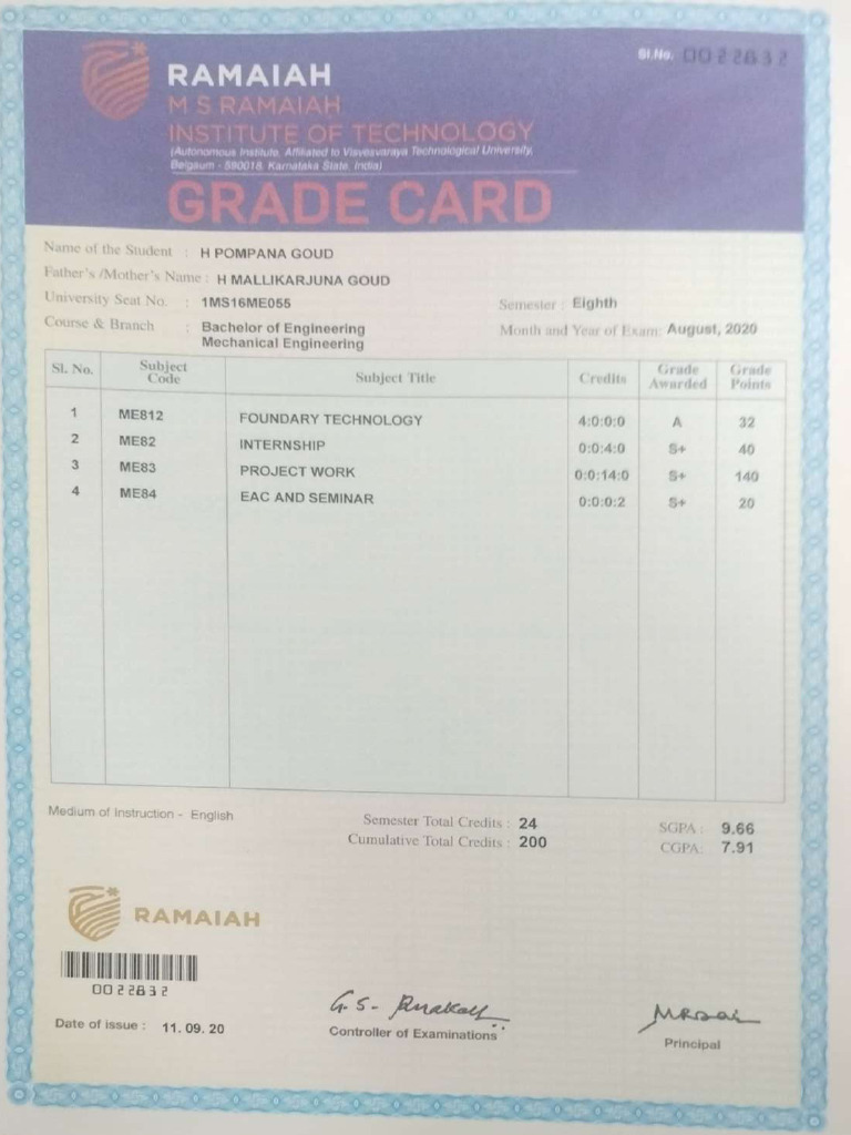 Mechanical Engineering Grade Card | PDF