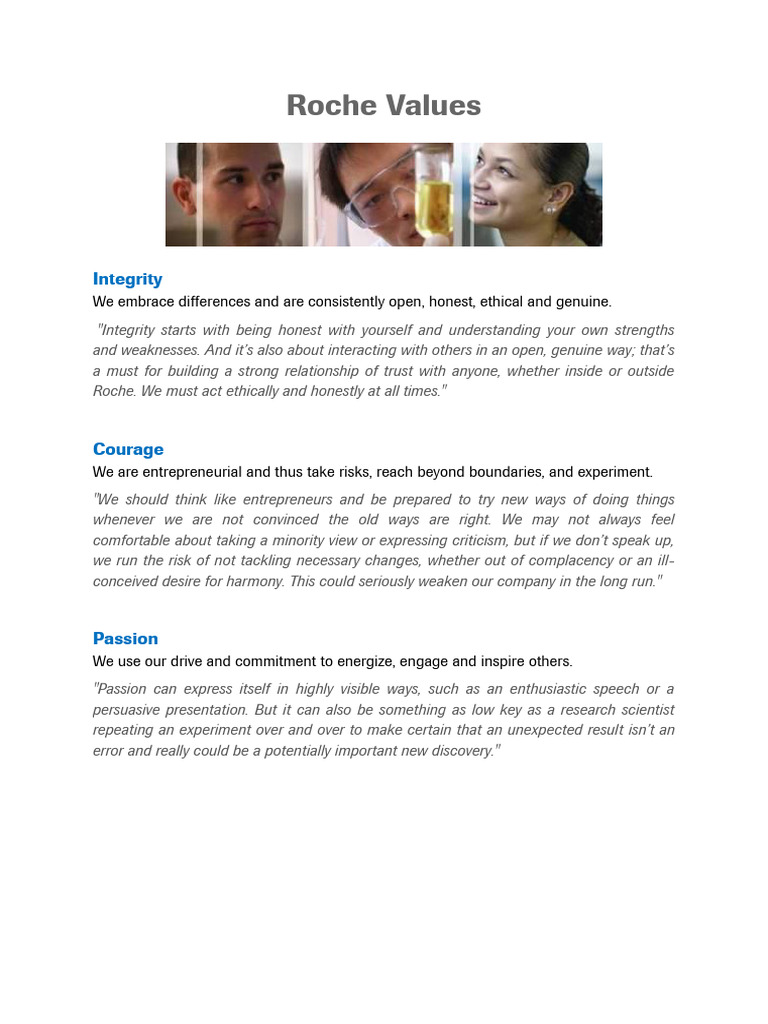 Roche Core Values: Integrity, Courage, Passion | PDF | Self-Improvement