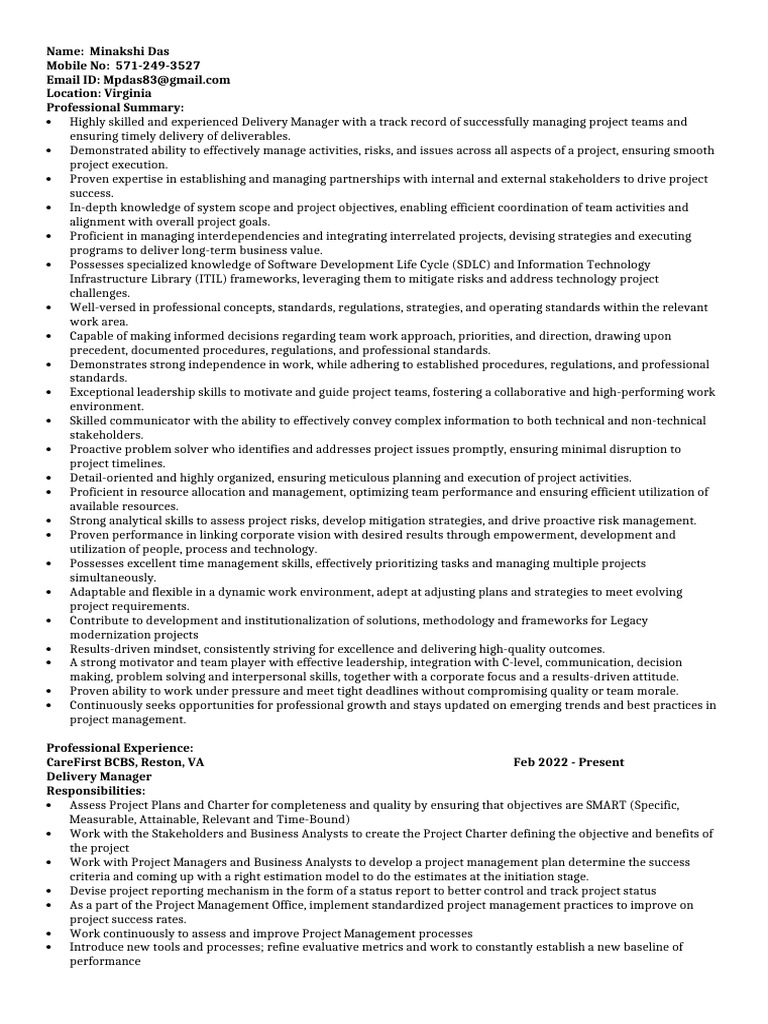 Minakshi Das: Delivery Manager Profile | PDF | Project Management ...