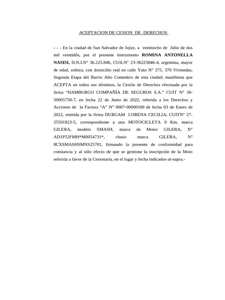 Aceptación de Cesión de Derechos de Moto - NASISI | PDF