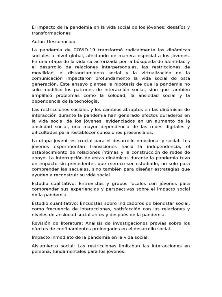 El Impacto de La Pandemia en La Vida Social de Los Jóvenes | PDF ...
