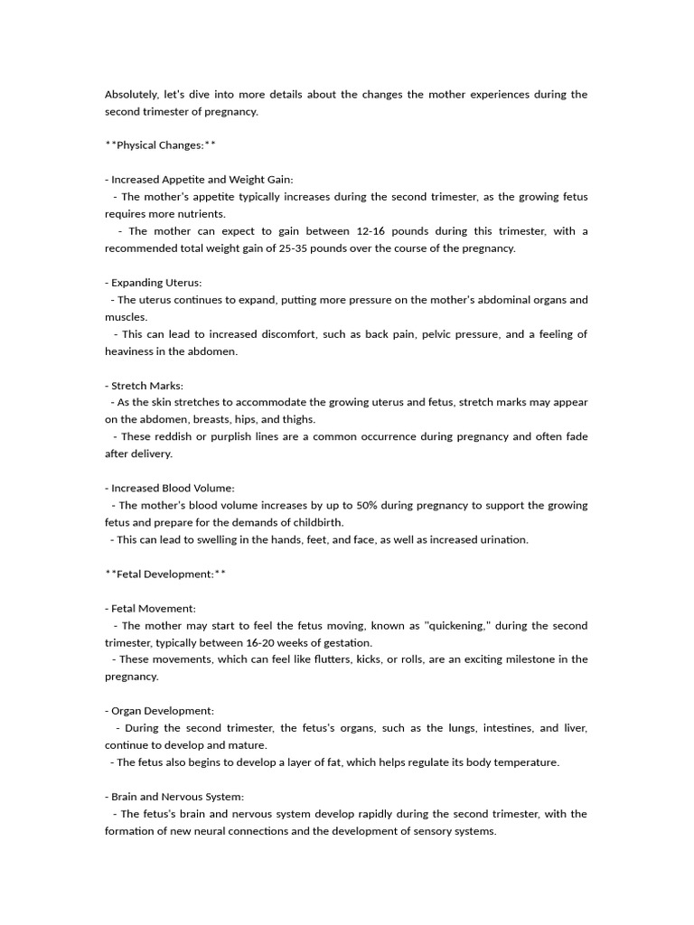 Changes in Mother Second Trimester | PDF | Pregnancy | Fetus