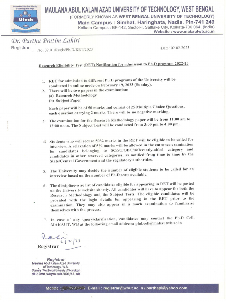 Notice-Research Eligibility Test (RET) Notification For Admission To ...