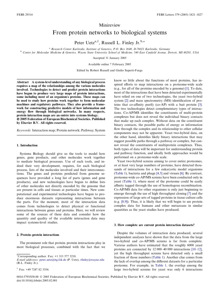 FEBS Letters - 2005 - Uetz - From Protein Networks To Biological ...