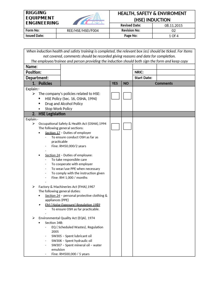HSE Induction Training Checklist | PDF | Personal Protective Equipment ...