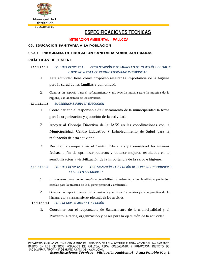 04 Especificaciones Capacitacion y Mitigacion V2 PDF Saneamiento Agua