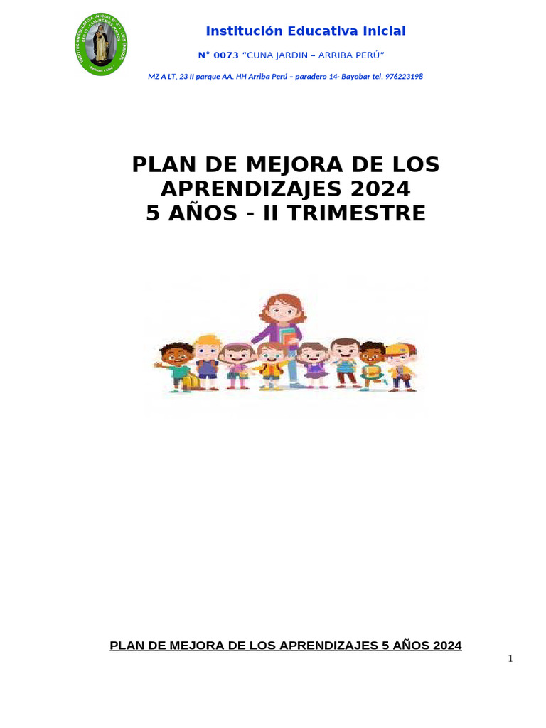 Plan de Mejora Aprendizajes 2024 Primaria | PDF | Educación de la ...