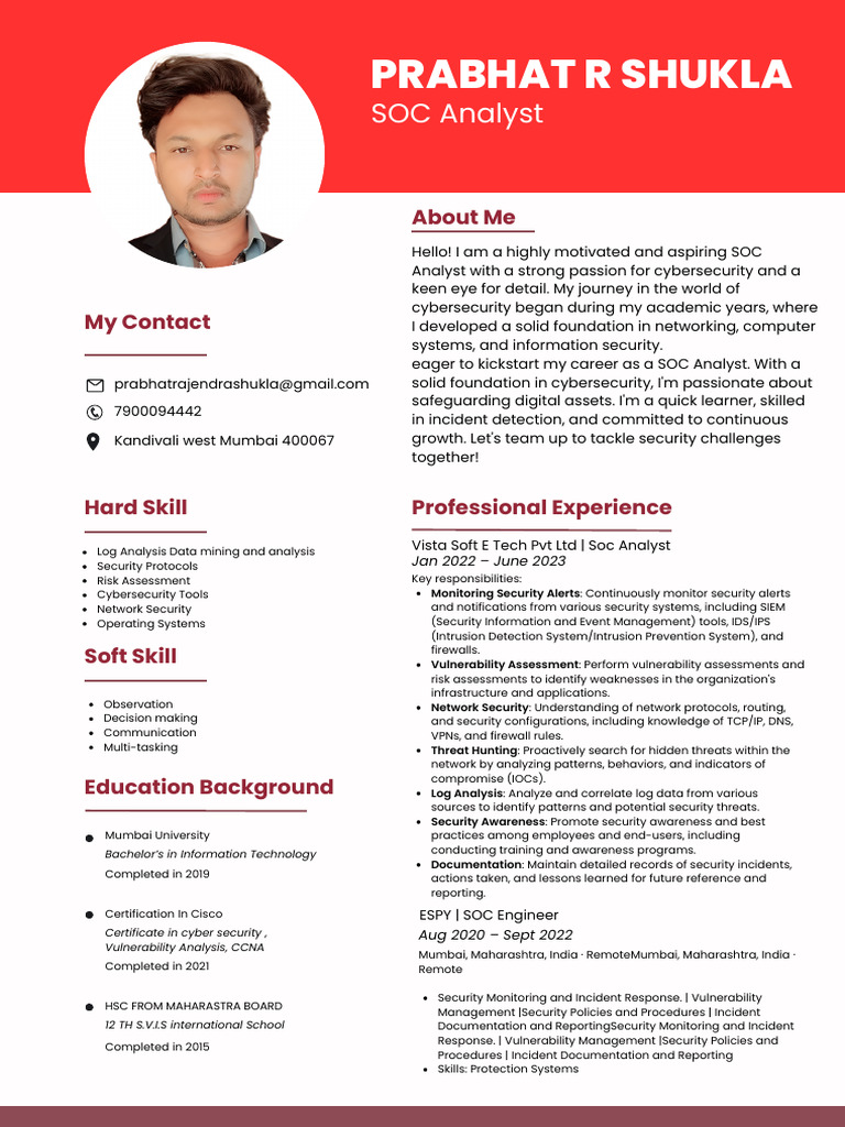 SOC Analyst Profile: Prabhat R Shukla | PDF | Computer Security | Security