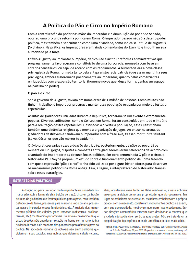 Política do Pão e Circo em Roma e Brasil | PDF | Império Romano | Augustus