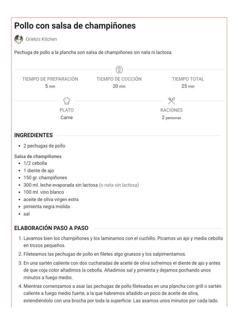 Pollo Con Salsa de Champiñones - Recetas Sin Lactosa - Orielo's Kitchen ...