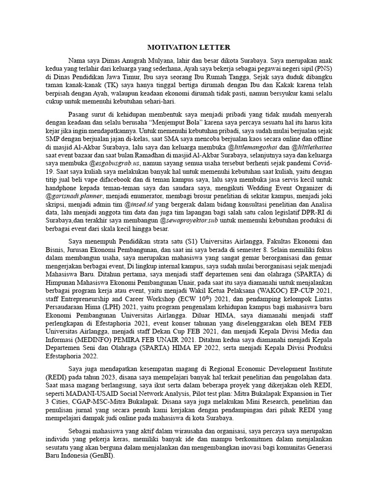 Surat Motivasi Beasiswa GenBI Dimas Mulyana | PDF | Ilmu Sosial