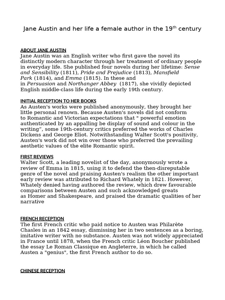 Jane Austen: Life and Literary Impact | PDF | Jane Austen | The Arts