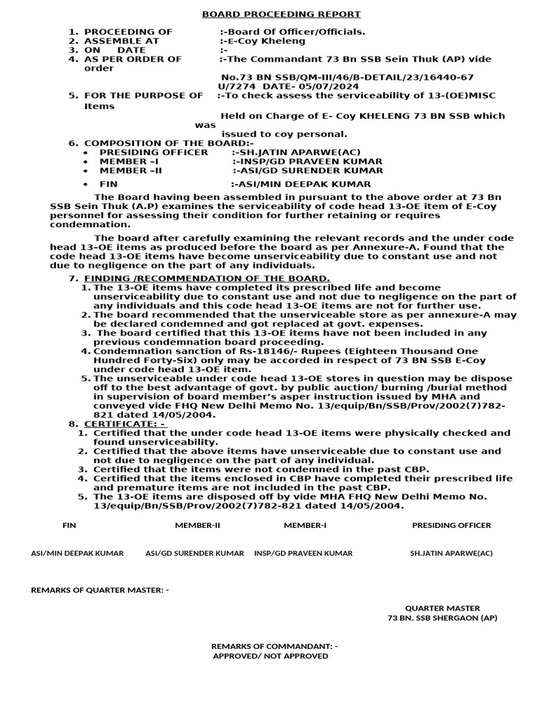 Board Proceedings on Equipment Condemnation | PDF