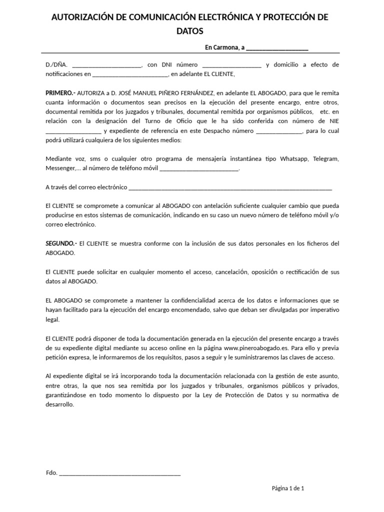 Autorización Comunicación Electrónica y Proteccción Datos | PDF ...