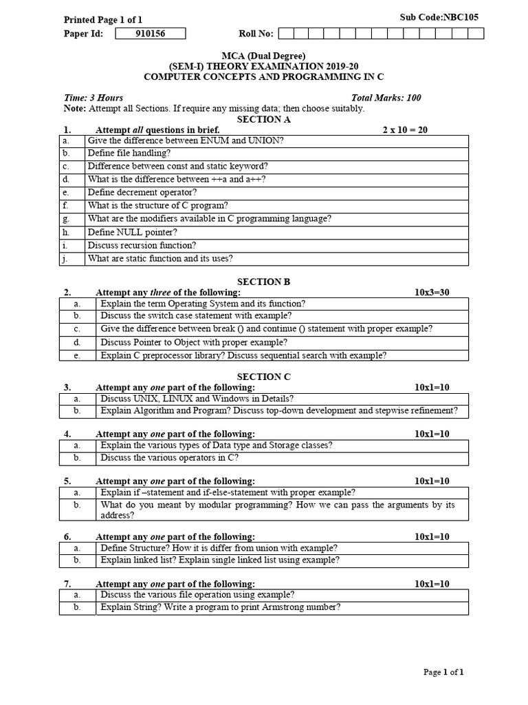 Mca 1 Sem Computer Concepts and Programming in C Nbc105 2020 | PDF | C ...