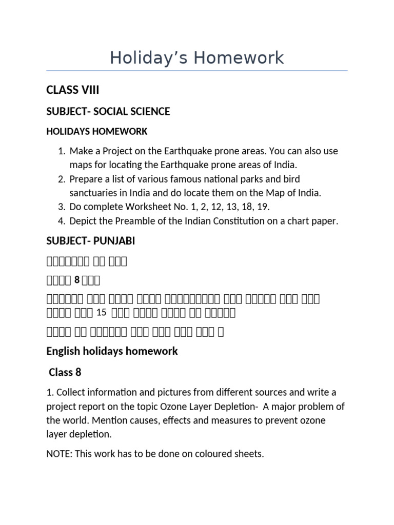 Class 8 Holiday Homework Assignments | PDF