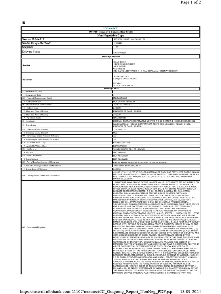 Irrevocable Documentary Credit Details | PDF | Bill Of Lading | Banks