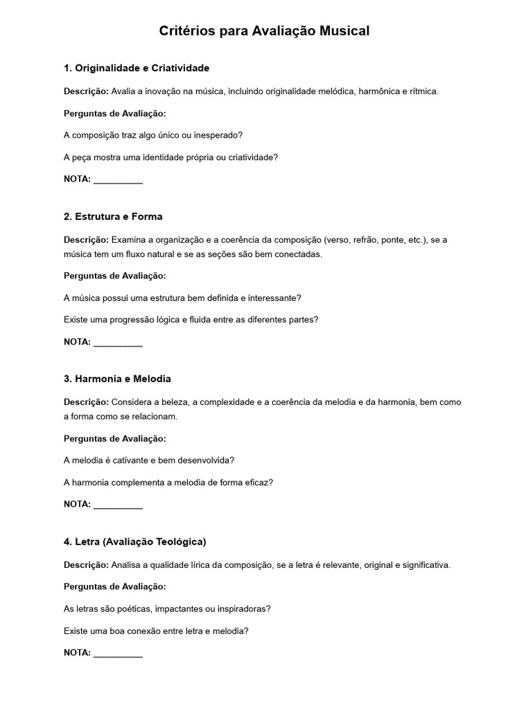 Avaliação de Música: Critérios e Notas | PDF | Carreira e Crescimento ...