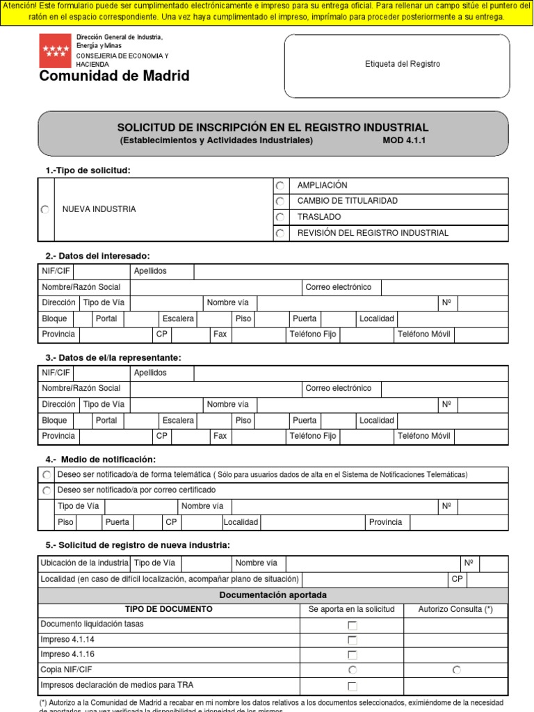 Solicitud de inscripción en el registro industrial
