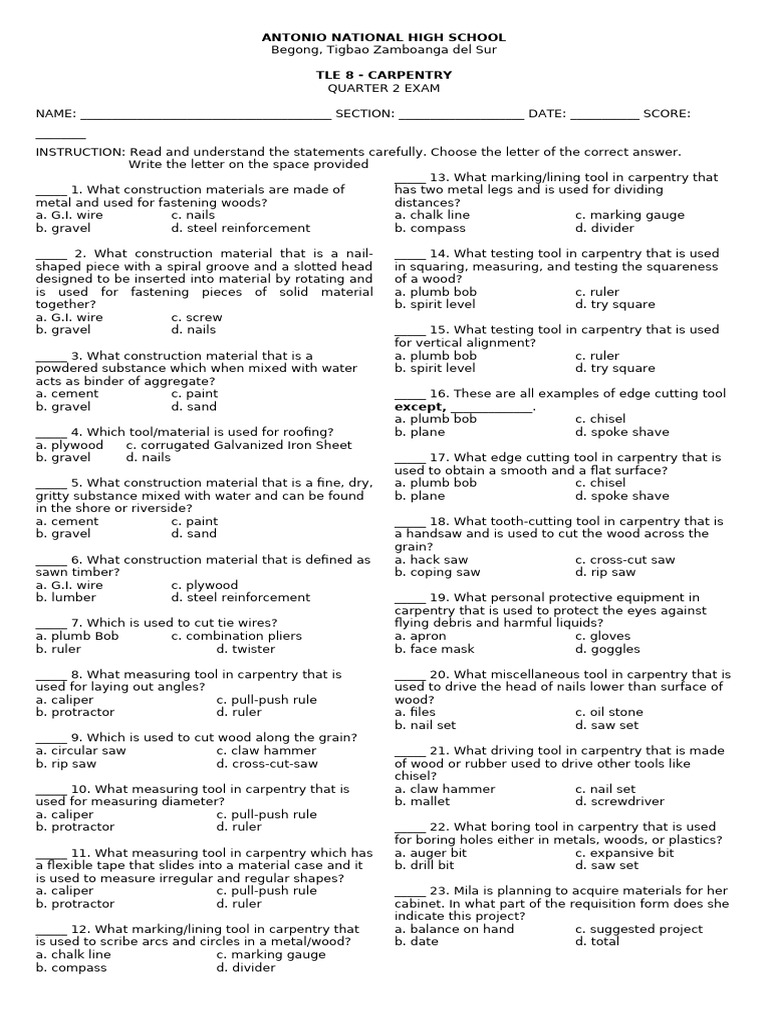 Carpentry exam pdf tools