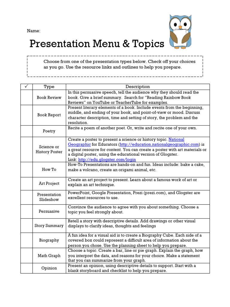 Presentation Ideas and Planning Sheets | PDF | General Fiction