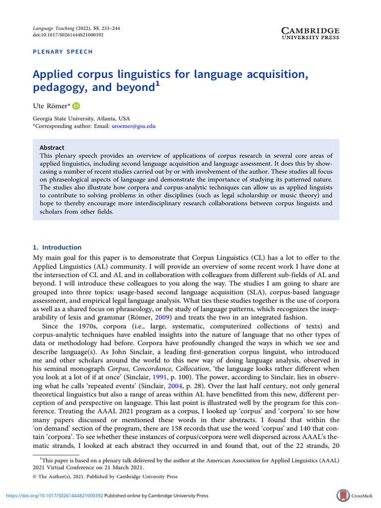 Applications of Corpus Linguistics in SLA | PDF | Preposition And ...