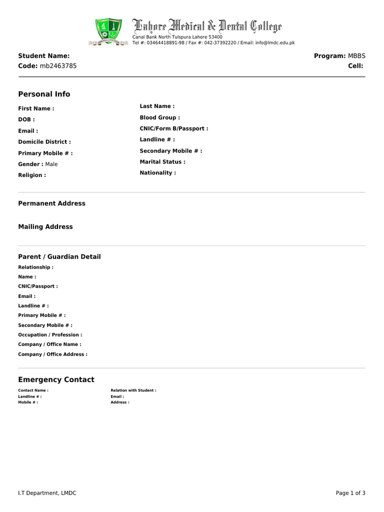 LMDC MBBS Admission Application Form | PDF