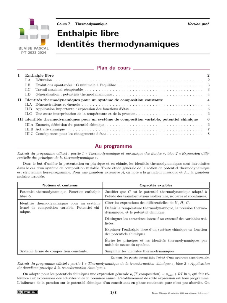 Identités thermodynamiques et enthalpie libre | PDF | Thermodynamique ...