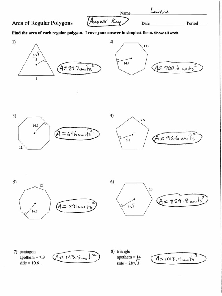 Area of Regular Polygons Worksheet (Answers) | PDF