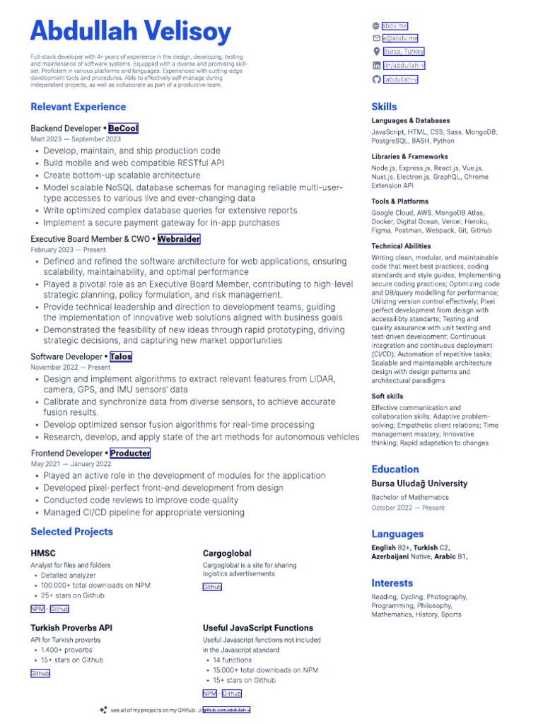 Abdullah Velisoy Resume 2023 09 | PDF | Databases | Computing