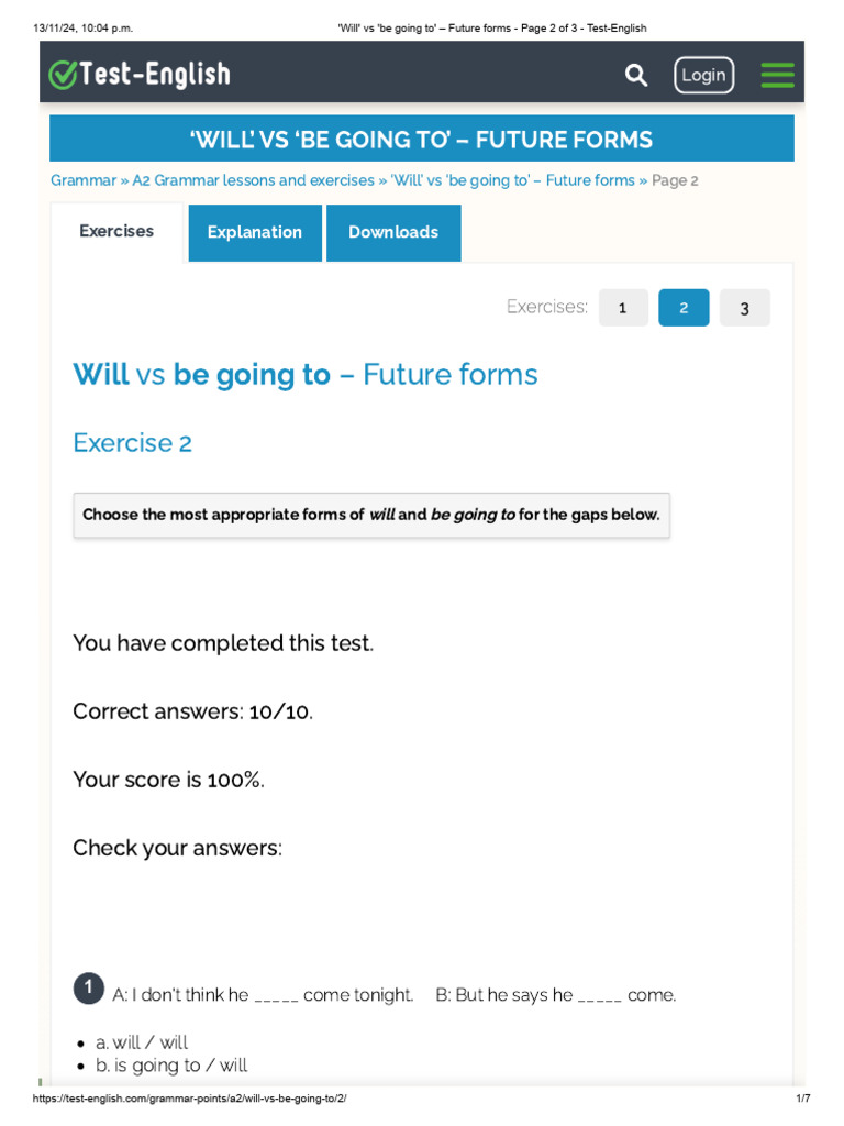 Will Vs Be Going To Future Forms Page 2 Of 3 Test English